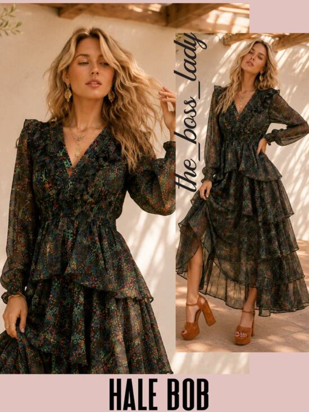 Hale Bob maxi dress tiered hi-low skirt print puff sleeve Large